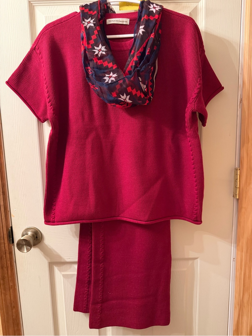 Zenana Outfitters Burgundy Cable seam sweater & Pants set w/Navy Patterned Scarf